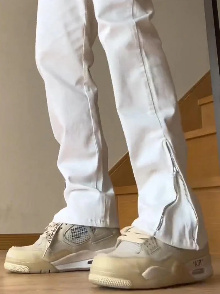 

White High Elastic Men's Jeans American Sle Cleanfit Slim Straight Leg Zipper Flared Pants Spring Faion Youth Wear