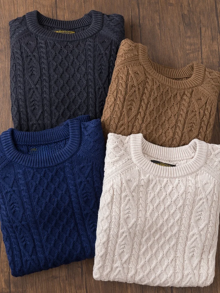 American Retro Knitted Sweater Thickened Woolen Fisherman Knitwear round Neck Twist Pattern Men's Wool Sweater British Old Mo...