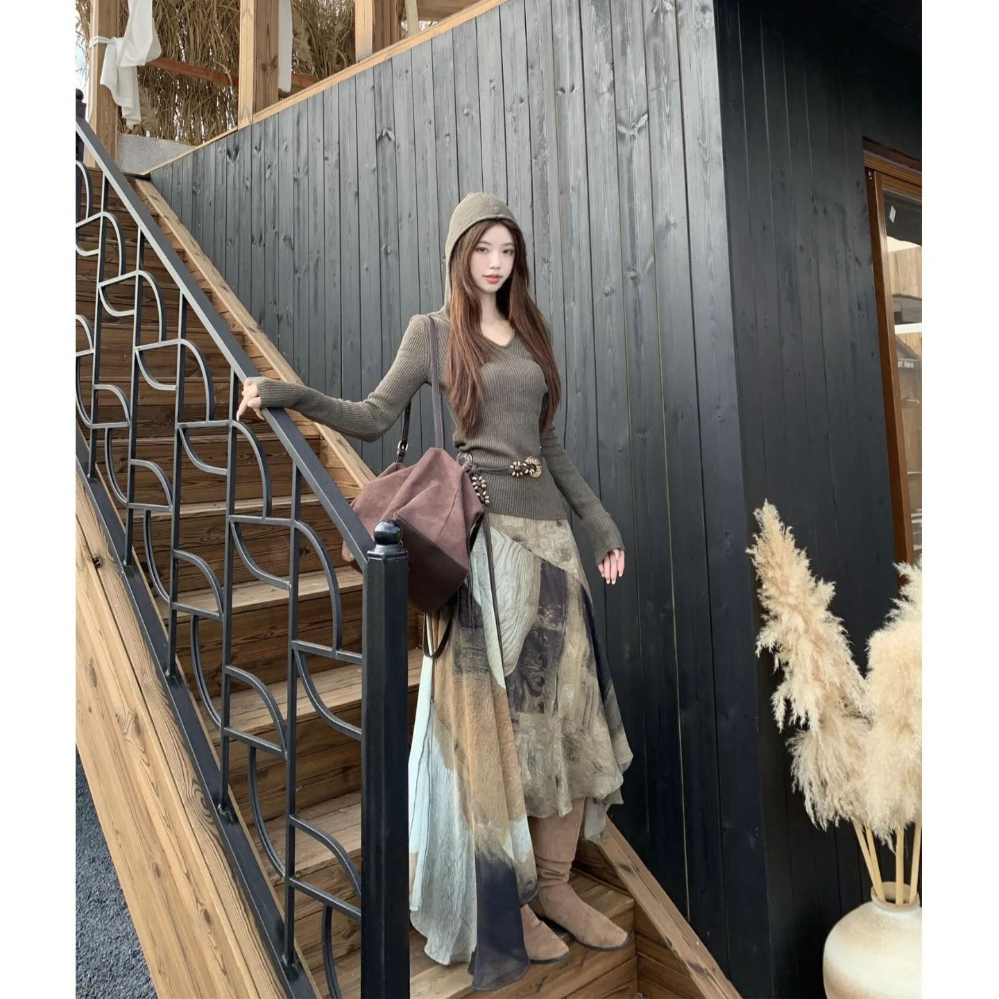 

Винтажный женский комплект футболок n Sle, длинный хлопковый свитер ручной работы Sve V-Ne, брюки из семи предметов и юбка