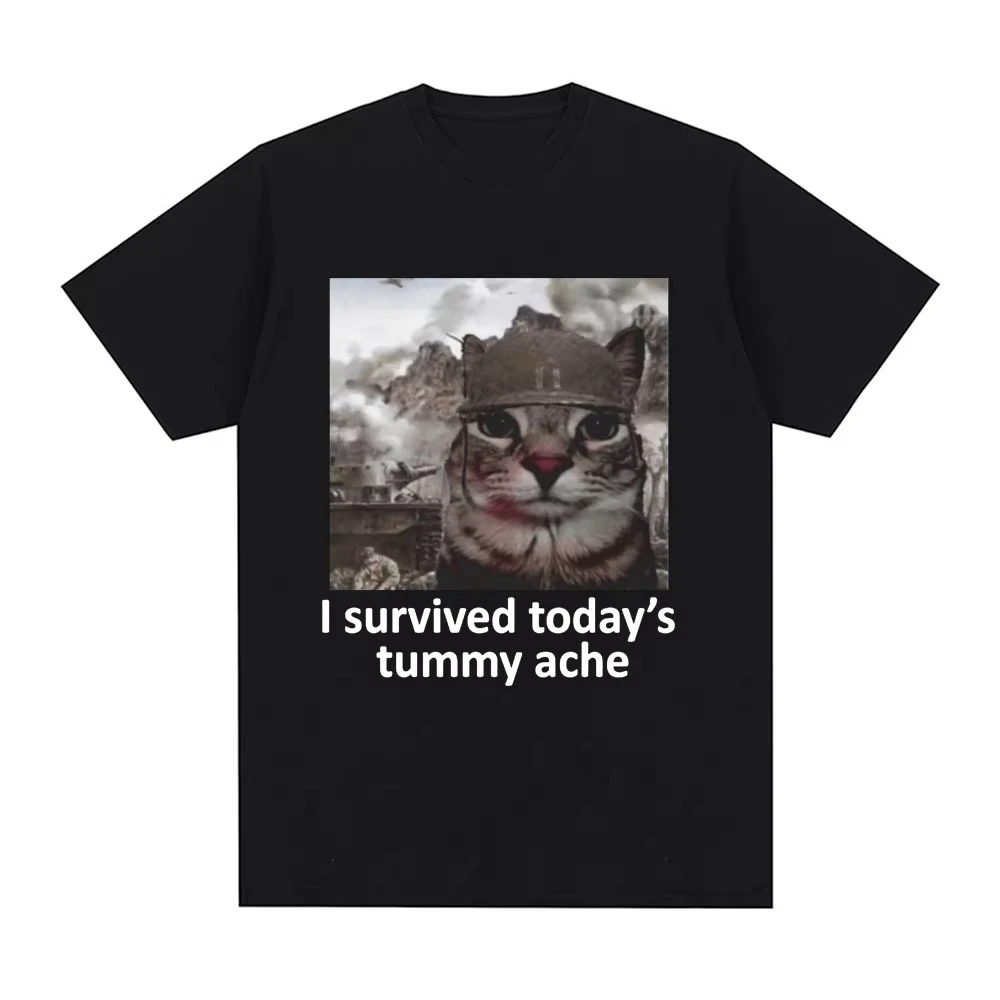2026 I Survived Today's Tummy Ache T-Shirt Funny Cat Meme Short Sleeve T Shirt Men Women Cotton Casual Oversized Tee Unisex