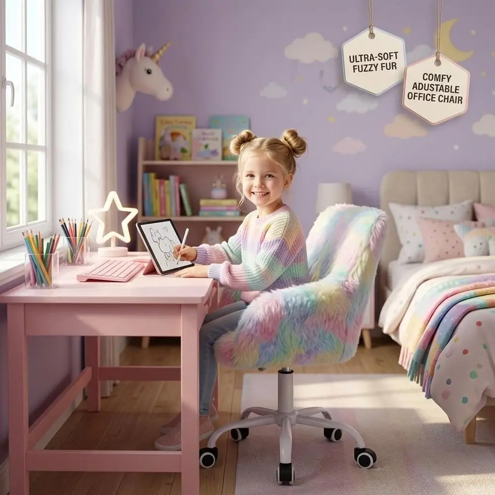 Swivel Kids Chair with Wheels, Adjustable Kid Desk Chair with Arms, Cute aux ur Kids Study Chairs or Boys and Girls, Rainbow Col view 4