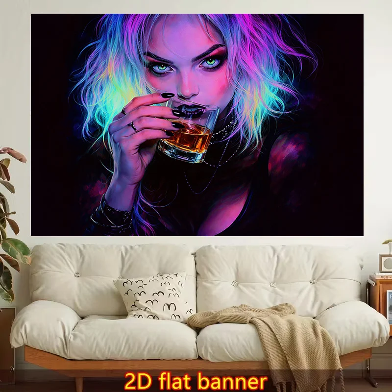 1pc Neon Hair & Whiskey Gothic Wall Tapestry - 2D Flat Printed Horizontal Hanging with Neon Aesthetic Colors, Whiskey Motif & Gothic Style for Bedroom