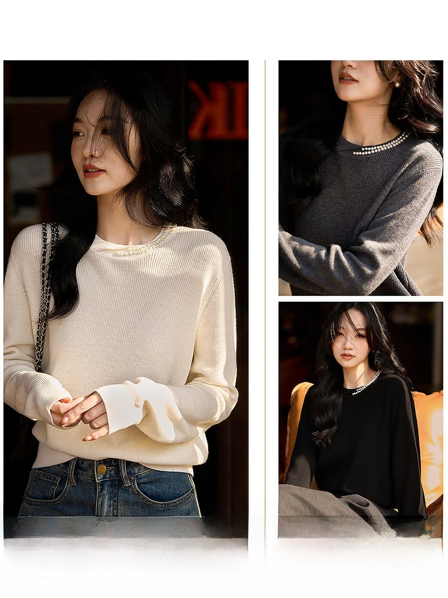 

Simple Knitted Wool Blend Base irt Pearl Decorated Side Collar Long Sve round Ne Warm Fce Women's Daily Wear Top
