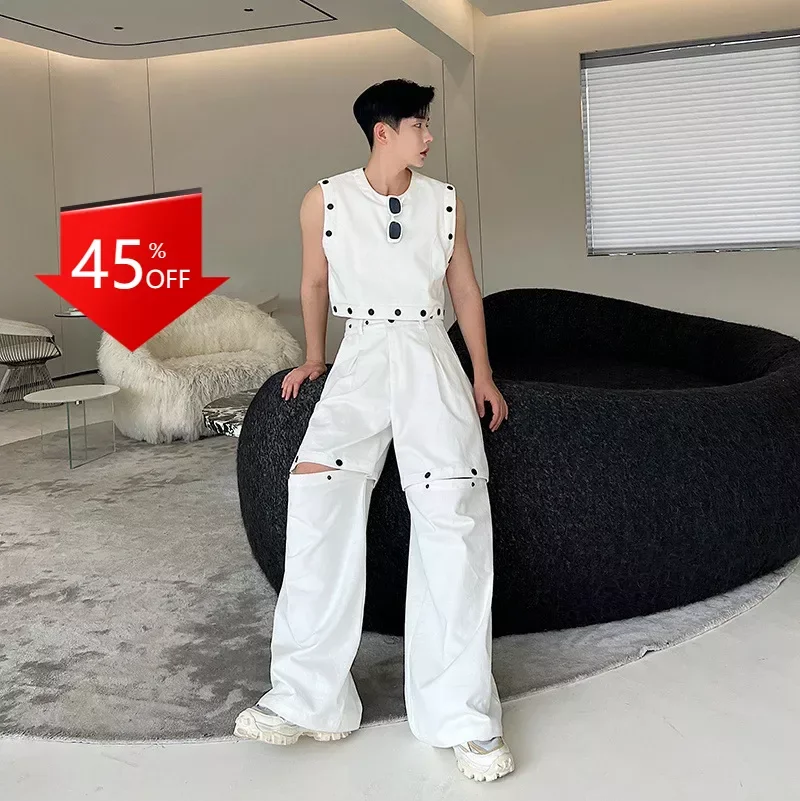 Y2K Studded Sleeveless T-Shirt Removable Sized Leg Pants Fashionable Two-Piece Set streetwear men jacket baseball jacket 모터사이클재킷