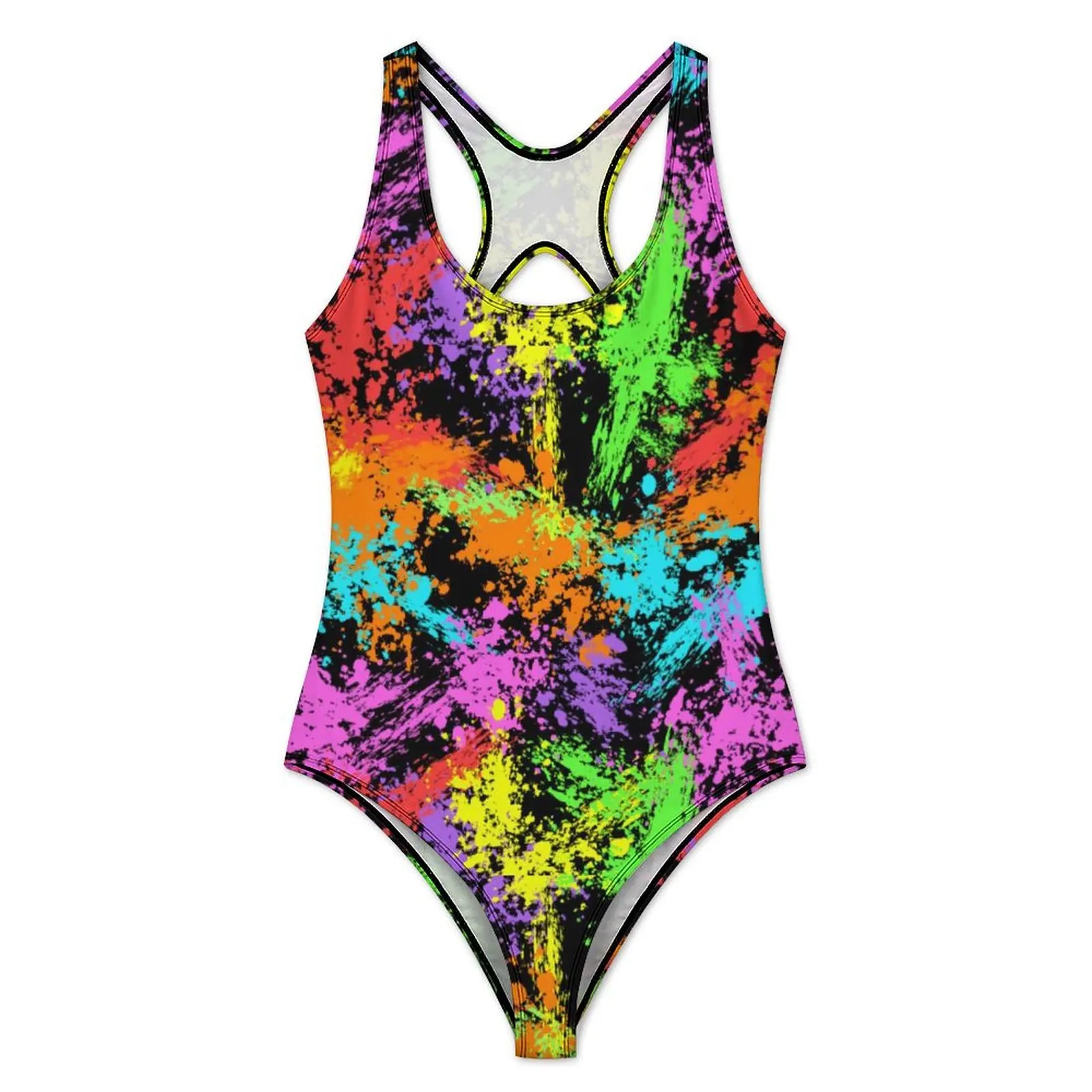 Retro Paint Splash Swimsuit Colorful Print One Piece Swimwear Push Up Stylish Bathing Suit Sexy Holiday Swim Graphic Bodysuit