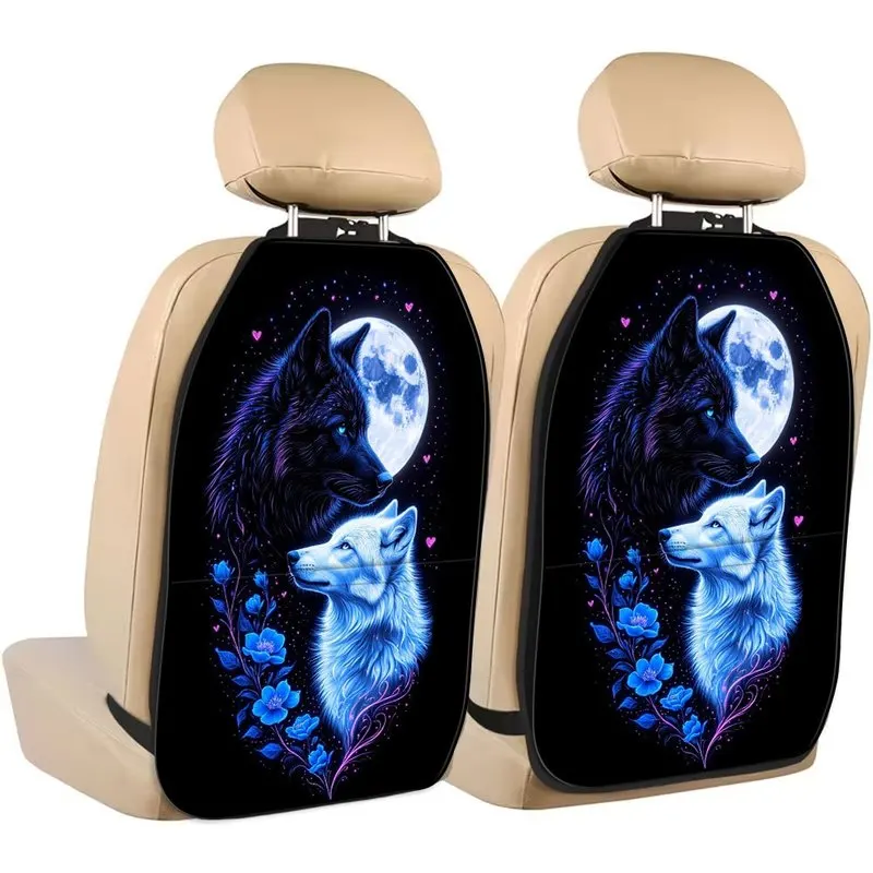 Car Seat Back Covers, Two Wolves Moon Floral Print, Mystical Fantasy Style For Car Interior