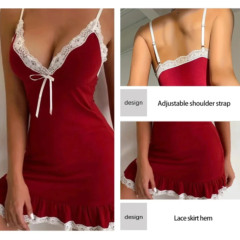 Lingerie vermelha sexy e divertida com superfície de seda e saia de renda branca borda com decote em V sem costas slim fit vestido de dormir em casa