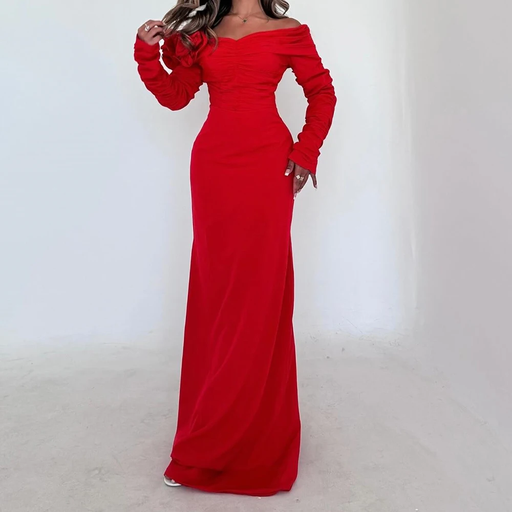 

Off the Shoulder Straight Satin Long Sleeves Floor Length Pleats Sweep Train Solid Red Flowers Dresses For Formal Occasions 2024