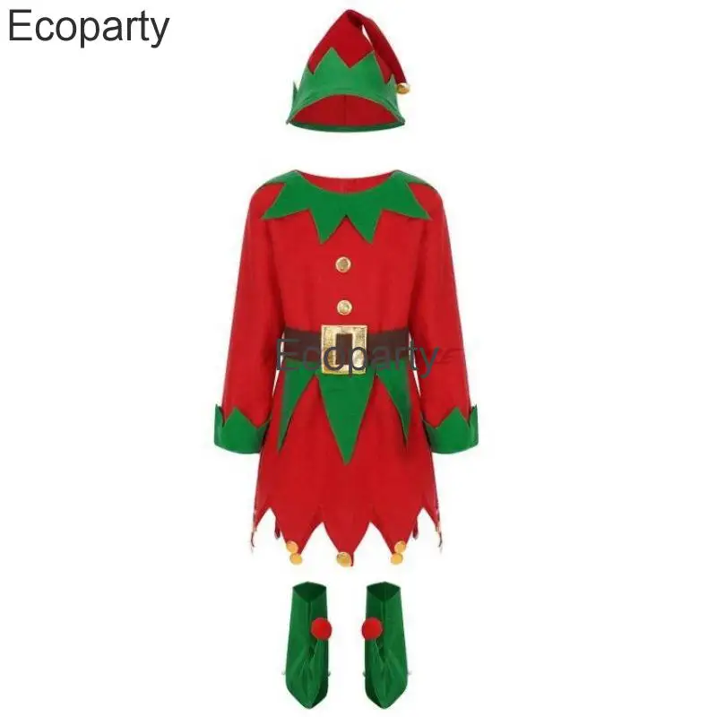 New Christmas Elf Costume Women Girls Santa Claus Cosplay Red Green Long Sleeve Dress Hat Socks Set Adult Kid Xmas Party Outfits