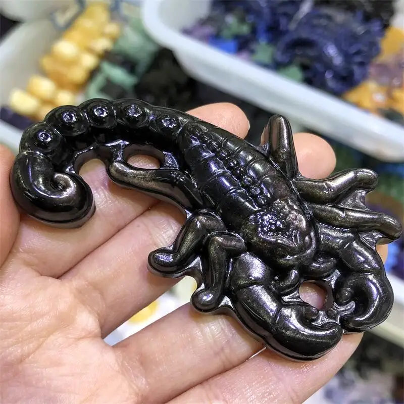 

Natural Silver Obsidian Scorpion Crystal DIY Halloween Home Decoration Figurine Holiday Gift Feng Shui Ornament 1pcs