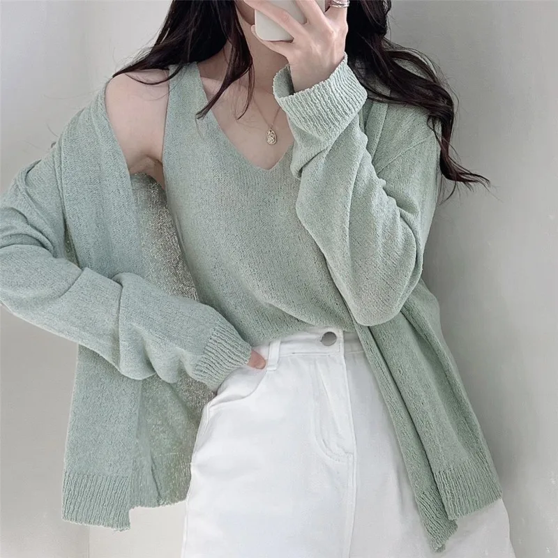 Women's Spring Summer Thin Knit Shirts Vest Two Piece Set Korean Lady Solid Air-conditioning Sweater Daily Joker Tank Top Suits