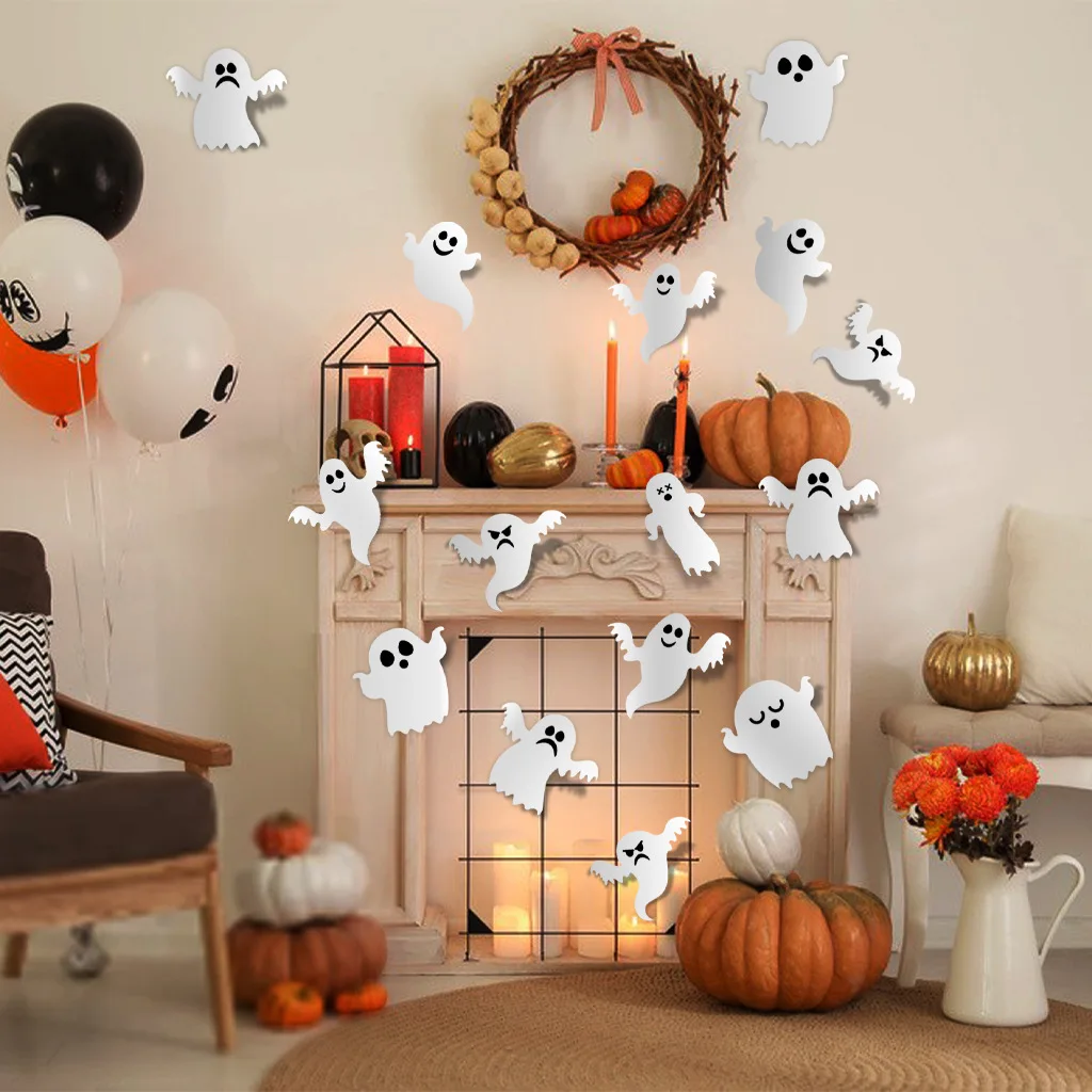 12pcs Halloween Decor Indoor Wall Window 3D Ghost Wall Stickers White PVC Reusable DIY Sticker For Home Decorate Party Supply