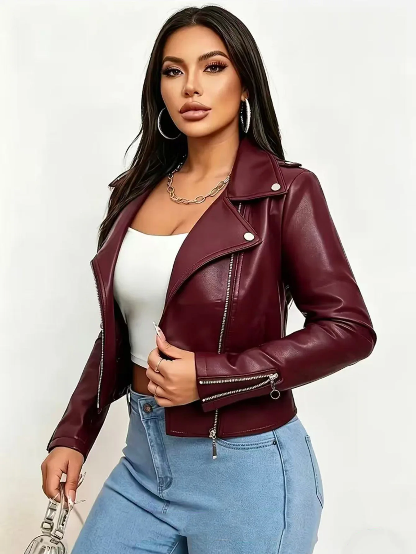Women's Slim Fit Short PU Leather Jacket 2026 Fashionable Versatile Motorcycle Jacket for Spring And Autumn