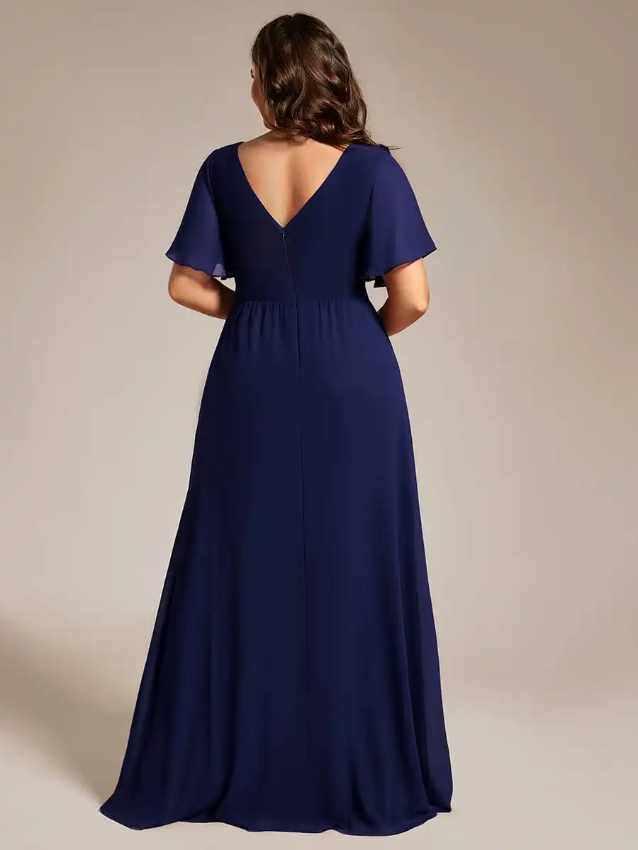 Ever azole-robe de soirée en mousseline, grande taille, col en V, fente haute, taille compromis, manches courtes, robe de demoiselle d'honneur, bleu marine, 2024