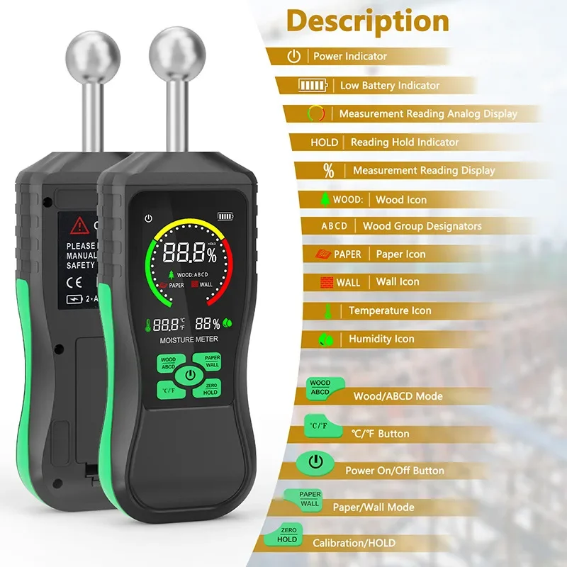 HY18C Digital Wood Moisture Meter Non-contact Timber Damp Detector LCD Screen Hygrometer Alarm Humidity Tester Ball Detector