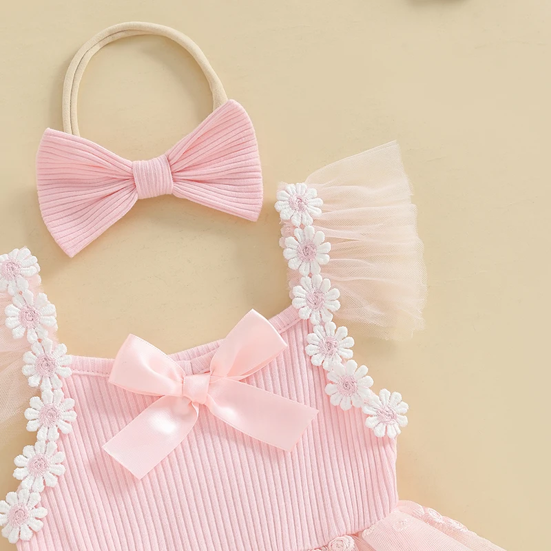 유아 아기 소녀 메쉬 Romper 드레스 여름 캐주얼 플라이 슬리브 꽃 자수 점프 슈트와 머리띠 세트 패션 귀여운 옷