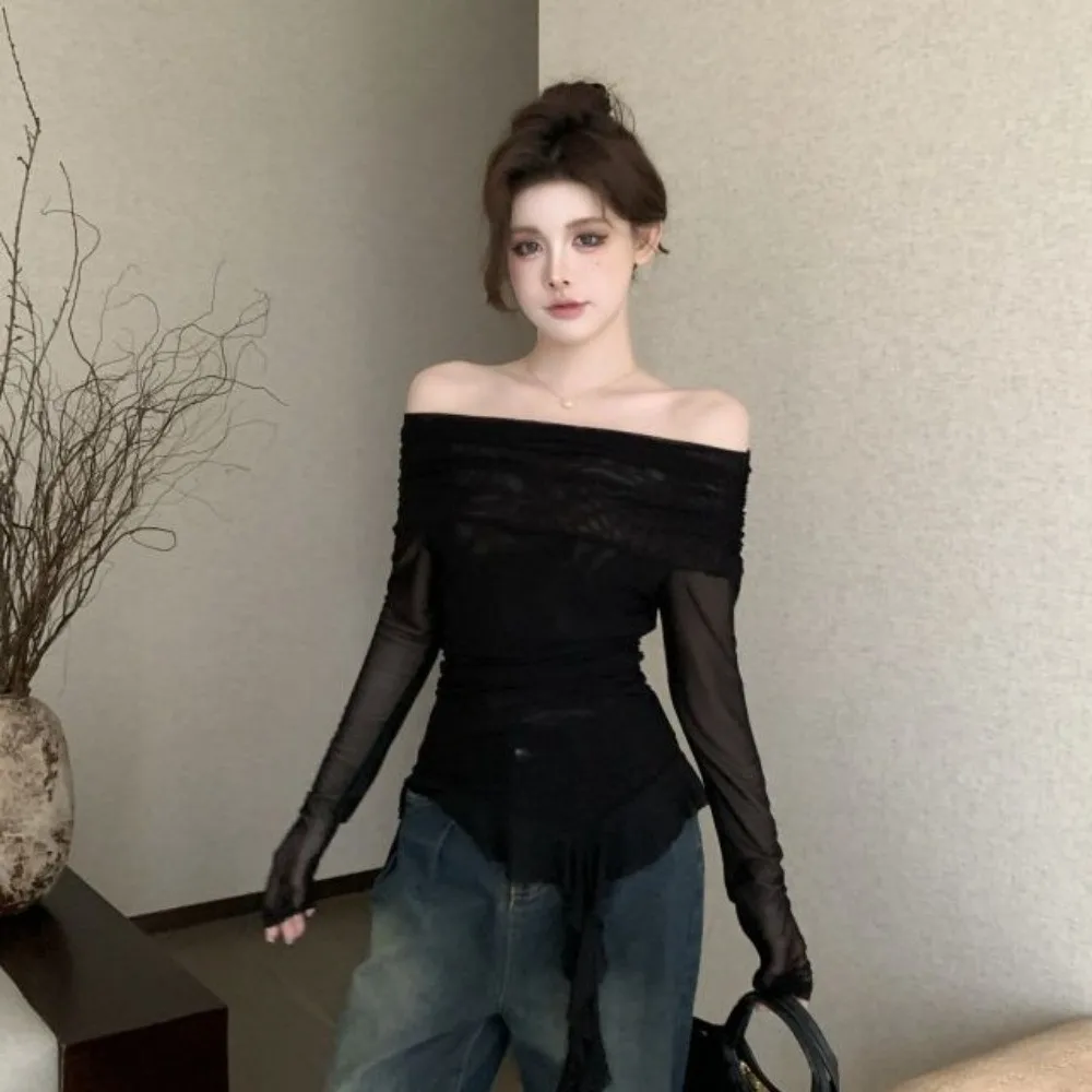 

Streetwear Jellyfish Mesh Belt T-Shirt Elf Long Sleeve Korean Y2K Ins Slim Fit Crop Tops Off Shoulder Collar Transparent