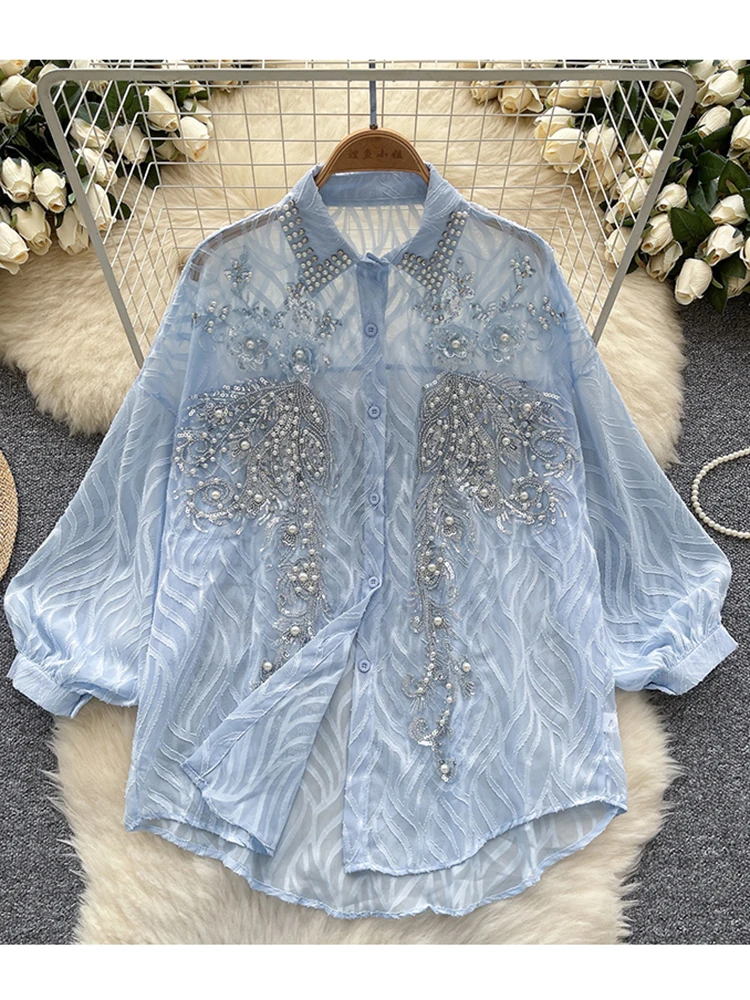 Primavera Autunno Francese Versatile Camicia a maniche lunghe da donna Nail Bead Glitter Sottile Manica a lanterna Camicetta casual allentata Top C362