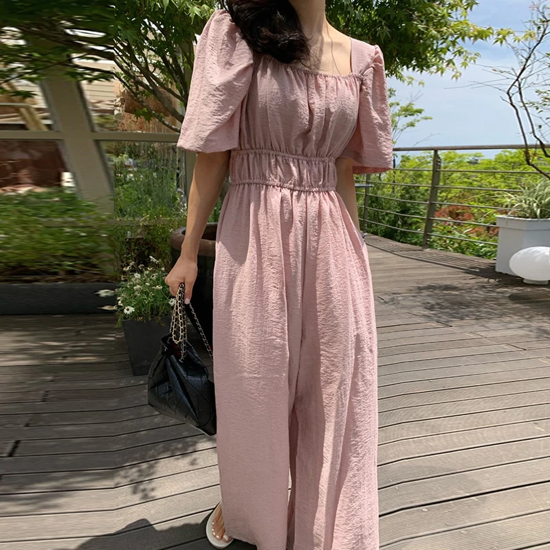 시크한 여름 빈티지 스퀘어 칼라 브라이드메이드 롬퍼 롱 팬츠 여성용 하이웨이스트 슬리밍 와이드 레그 점프수트 쇄골 노출
