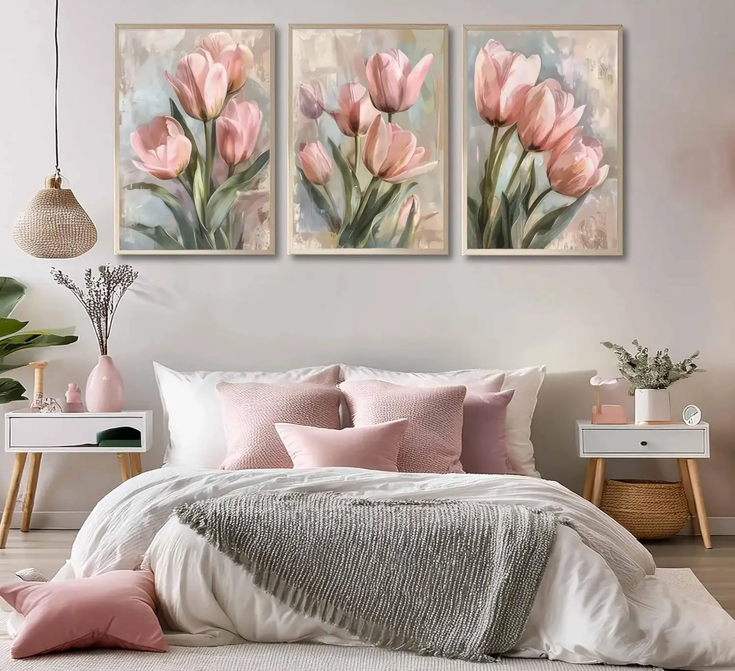 

3pcs Retro Pink Tulip Canvas Wall Artistic Plant Painting Picture Wall Decorative Poster Nordic Living Room Bedroom Home Decor