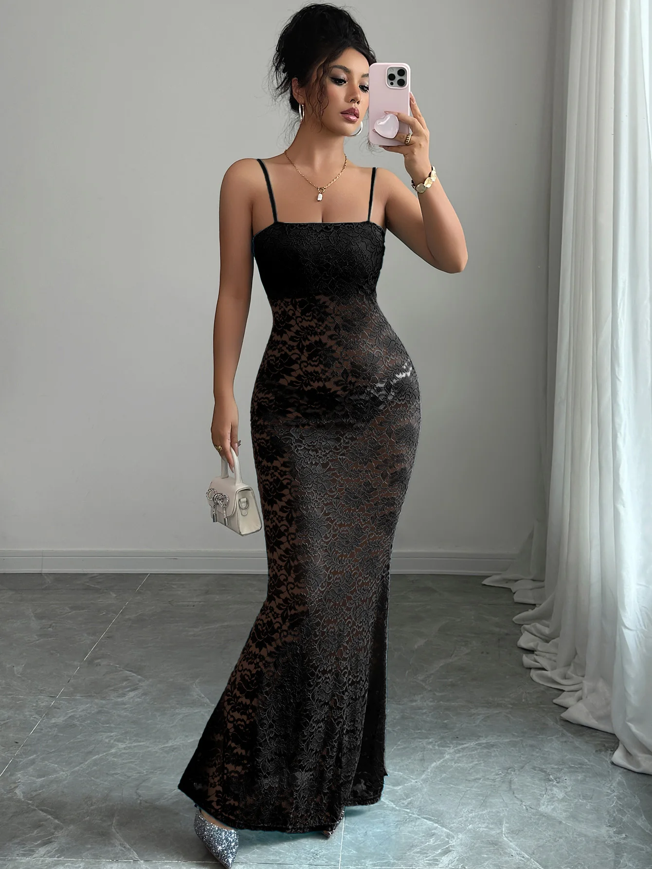 

2025 Women's summer dress long evening dresses with sexy lace details perspective sleeveless hip wrapping strap tight solid col