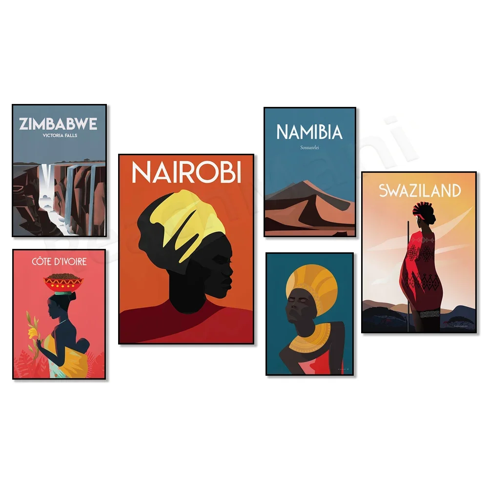 Nairobi, Zimbabwe Africa, Namibia Africa, Cape Town South Africa, Côte d'Ivoire, Swaziland Africa art landscape travel poster