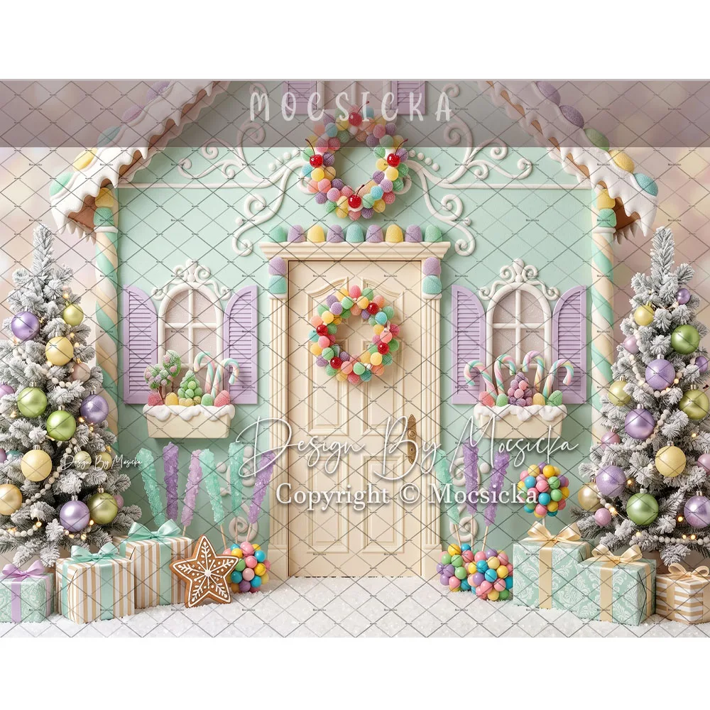 Mocsicka Christmas Candy Cane House Backdrop Photography Cookie Pink Sweet Wreath Background Winter Kids Holiday Studio Photo