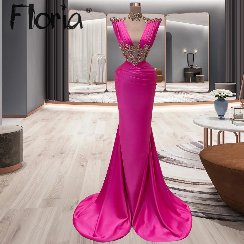 Hot Pink Pleated Elegant 2023 Prom Dress Sheer Neck Sheath Dresses With Embroidery Beaded Mermaid Wedding Party Gown Custom Made