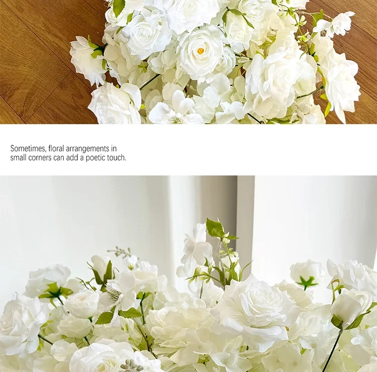 Weiße Rose Babybreath Künstliche Blumenreihe Kaskadierende Seidenblumengirlande Hochzeitstischläufer Bogenrand Zeremonie Empfang Deko – Detail 5