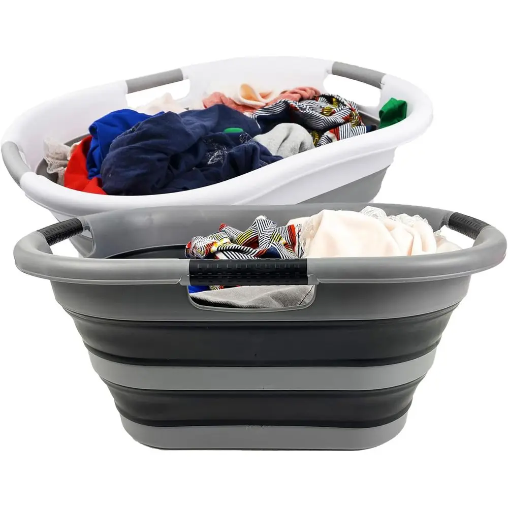 

40L Collapsible Laundry Basket - Portable Storage Organizer and Washing Tub (Grey + Black)