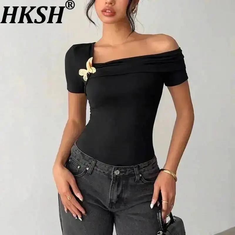

HKSH Women T-shirt Asymmetric Off-shoulder Short Sleeve Slim Fit Versatile Elegant Casual Tee Minimalism Top Summer 2026 HK23375