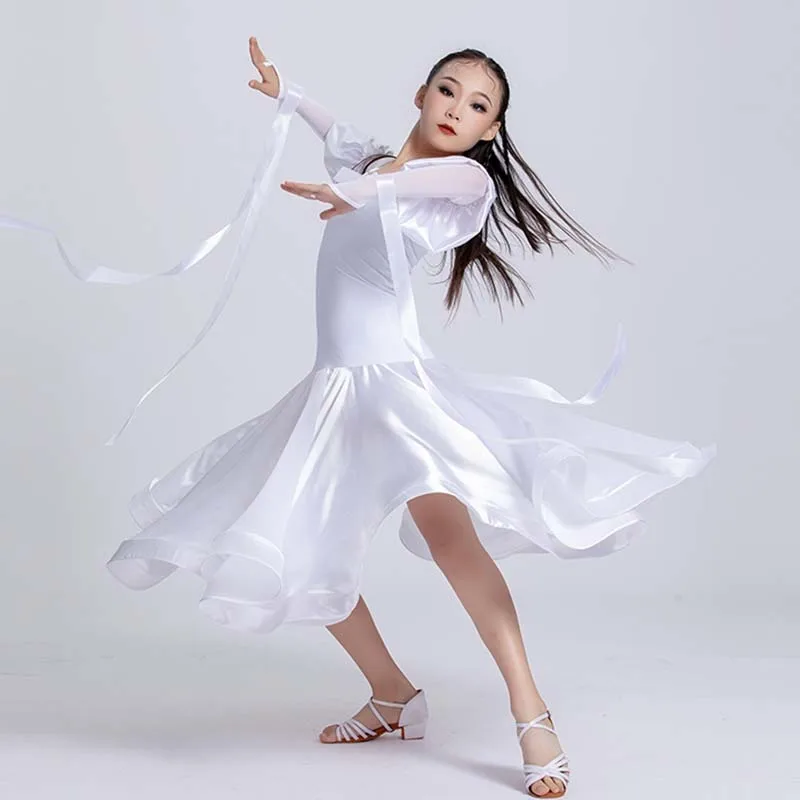 

Ballroom Standard Dance Dress White Long Sleeve Dance Performance Dress Girls Waltz Modern Dancing Outfit Training Wear VDL1939