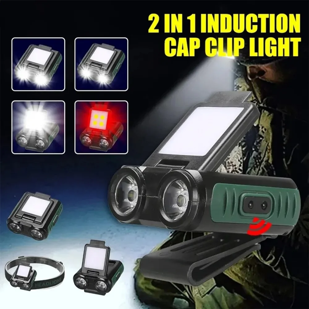 Recarregável Clip Cap Faróis, Sensor de Movimento, Farol LED à prova d'água, Camping Head Lamp, Running, Night Light portátil