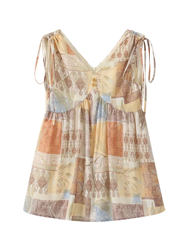 Vacation Style Printed Chiffon Camisole Top Women Summer Sleeveless Off Shoulder Strap Blouse Sweet Lightweight Flowy Tank Shirt