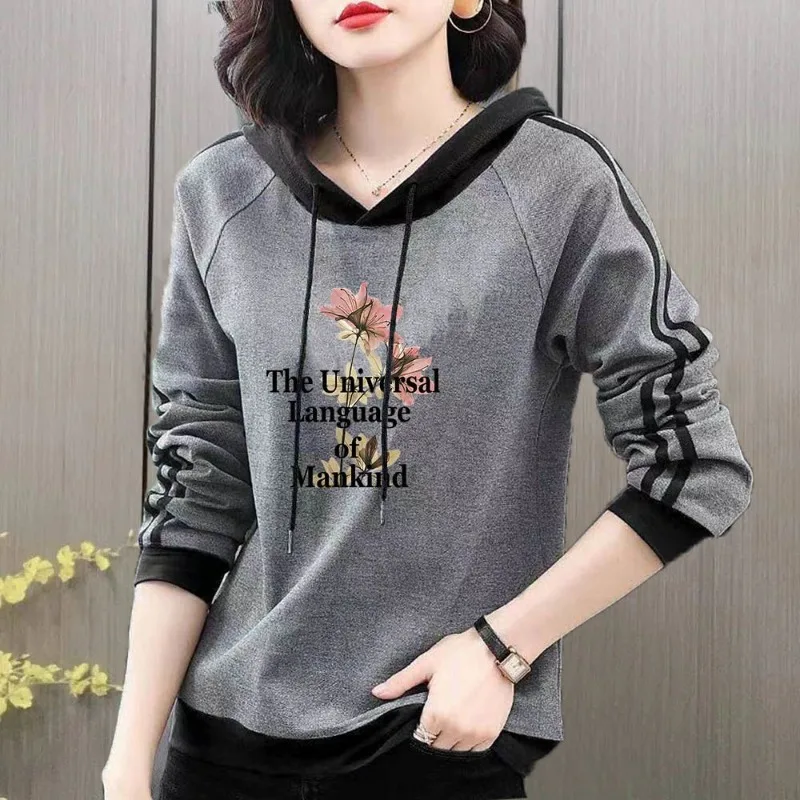 Spring and Autumn Women\'s Pullover Long Sleeve Hooded Print Stripe Letter Panel Drawstring Graphic Loose Fashion Casual Sweaters