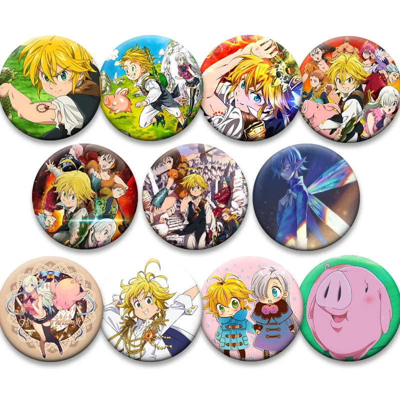58mm Round Brooches Anime The Seven Deadly Sins Lapel Pins Meliodas,Hawk,Ban,Elizabeth Liones Cartoon Badge Bag Accessories Gift