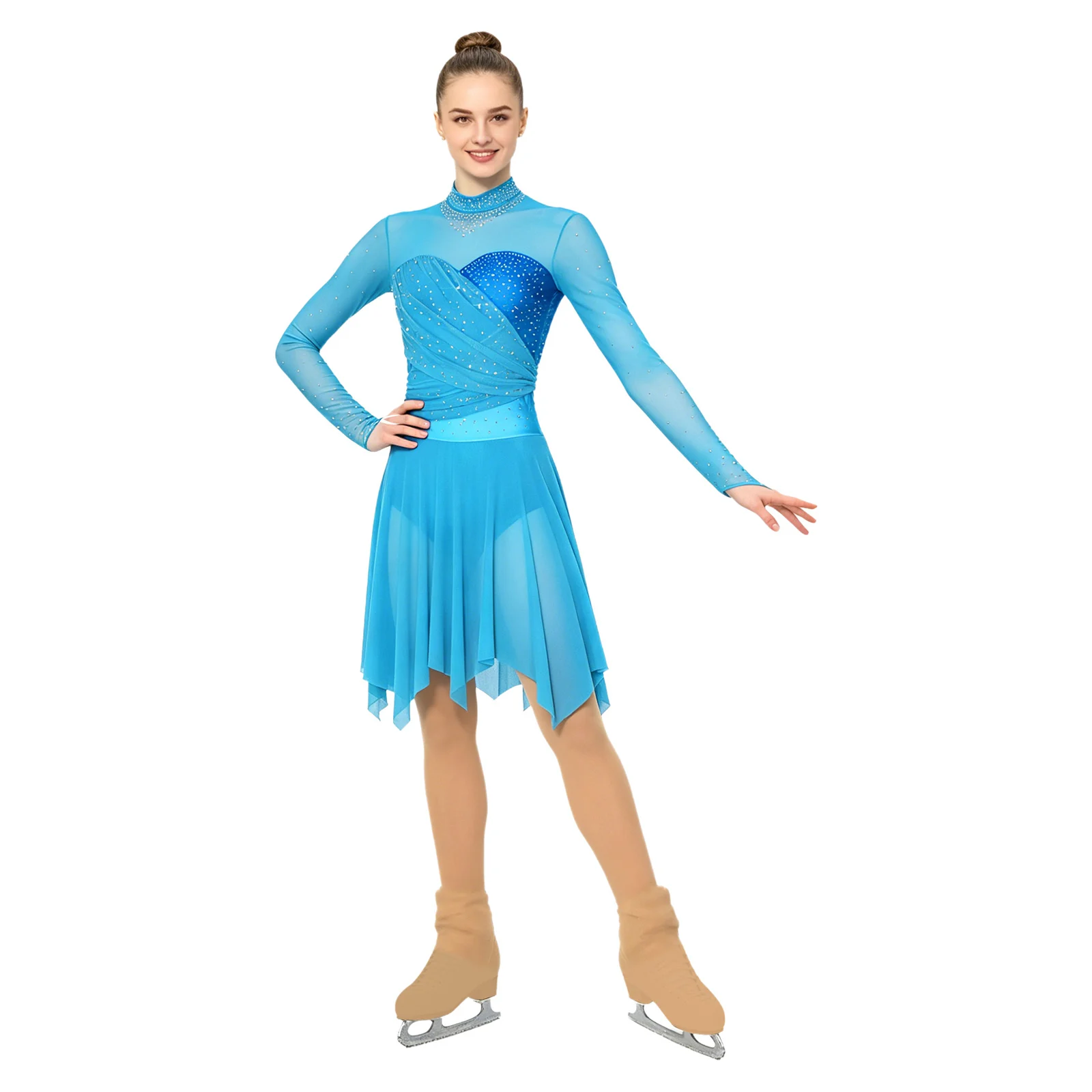 Women Figure Skating Lyrical Modern Dance Dress Rhinestones Long Sleeves Sheer Mesh Ballet Rhythmic Gymnastics Leotard Dancewear