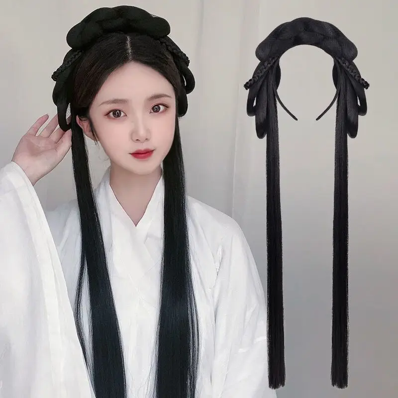 

Cosplay Hanfu Wigs Women Chinese Traditional Ancient Hanfu Wigs Cosplay One Piece Black Long Hair Wig Headband For Women