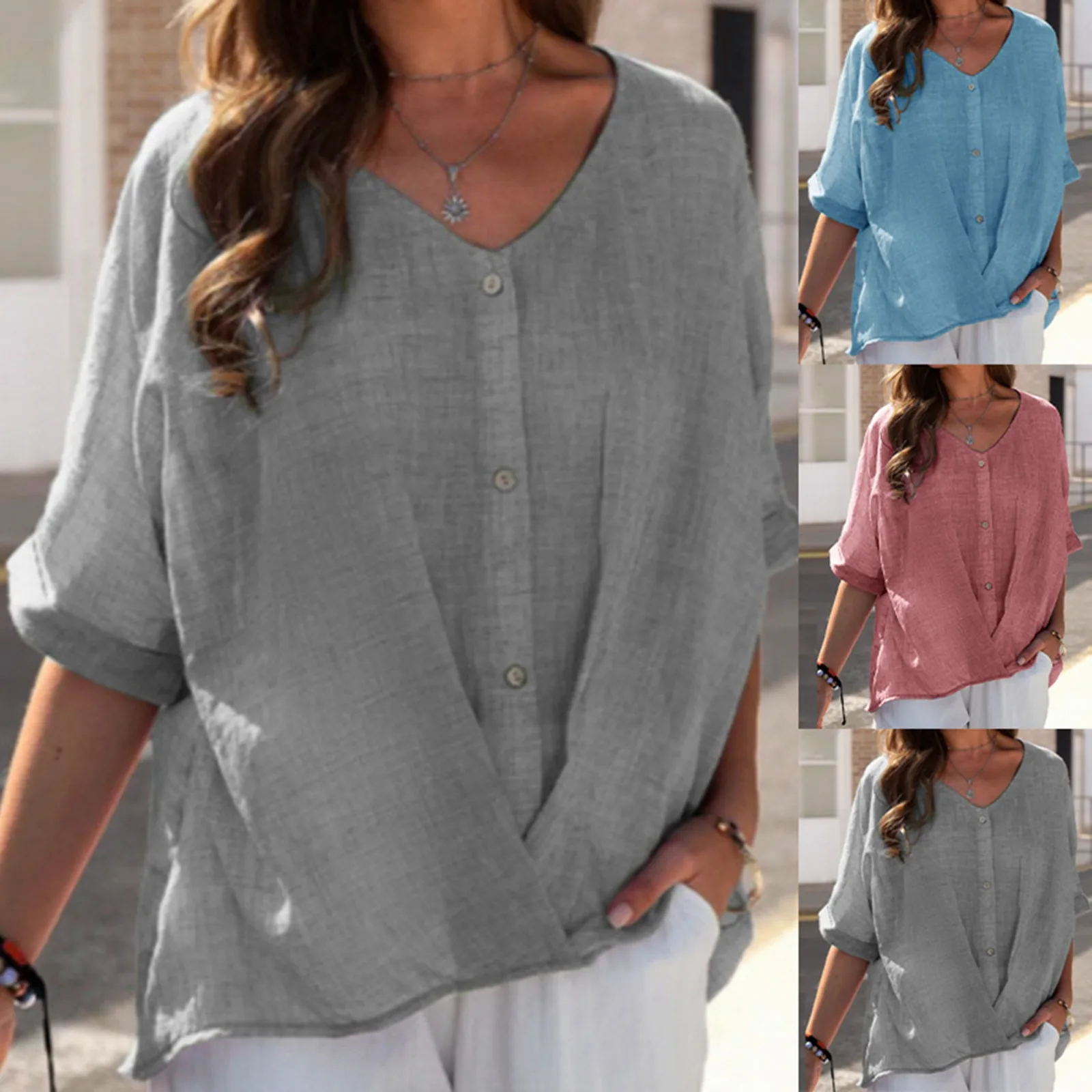 Women Shirt Pullover Summer Cotton Linen V Neck Oversized Long Sleeve Loose Fit Casual Button Up Blouse Tops Oversized Shirts