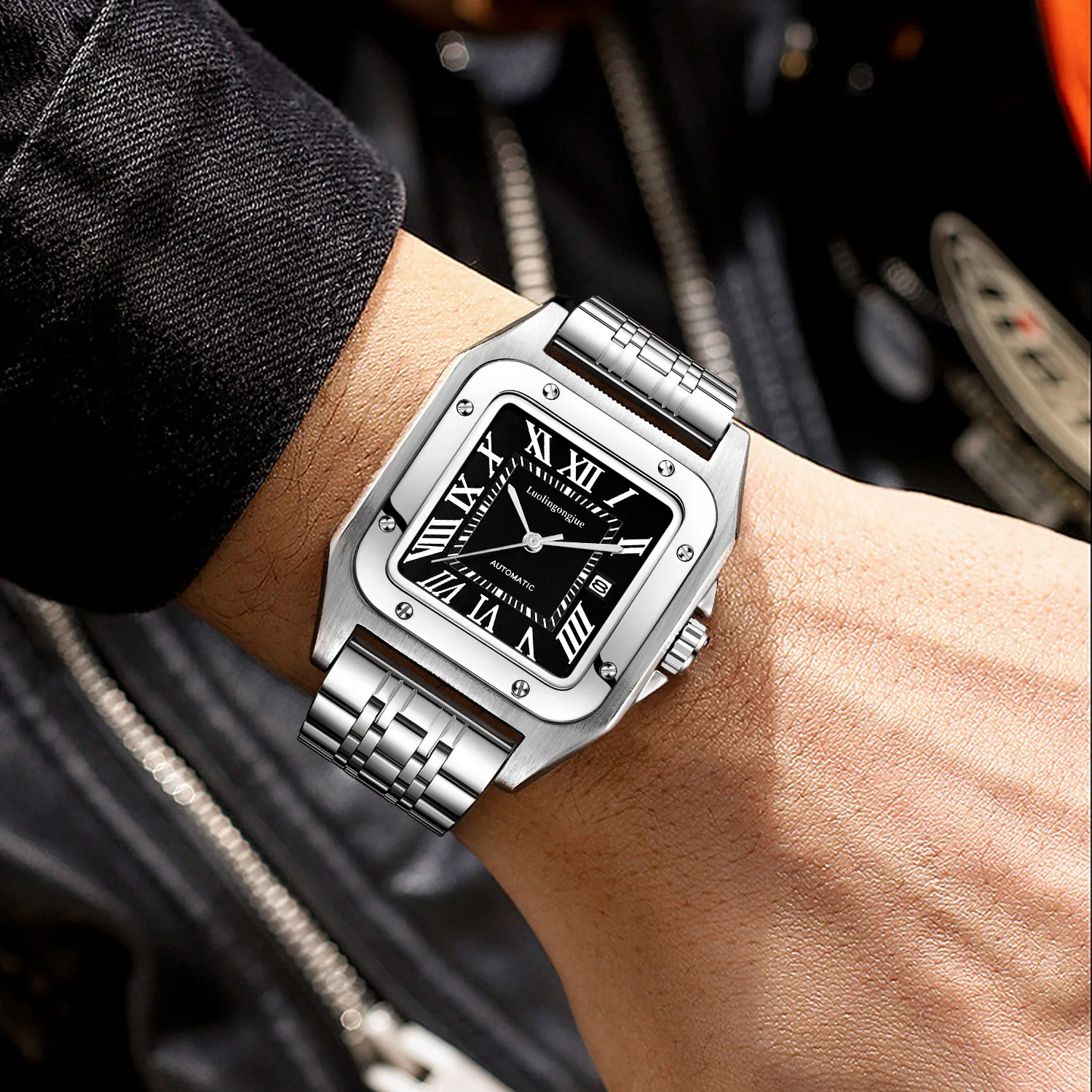 ساعة سانتوس تانك للرجال، ساعة ميكانيكية أوتوماتيكية بالكامل، تصميم هيكل عظمي، حزام من الفولاذ المقاوم للصدأ بمشبك على شكل فراشة، ساعة رجالية مربعة صغيرة فاخرة، ساعة يد رجالية عصرية متعددة الاستخدامات للأعمال، أفضل هدية له