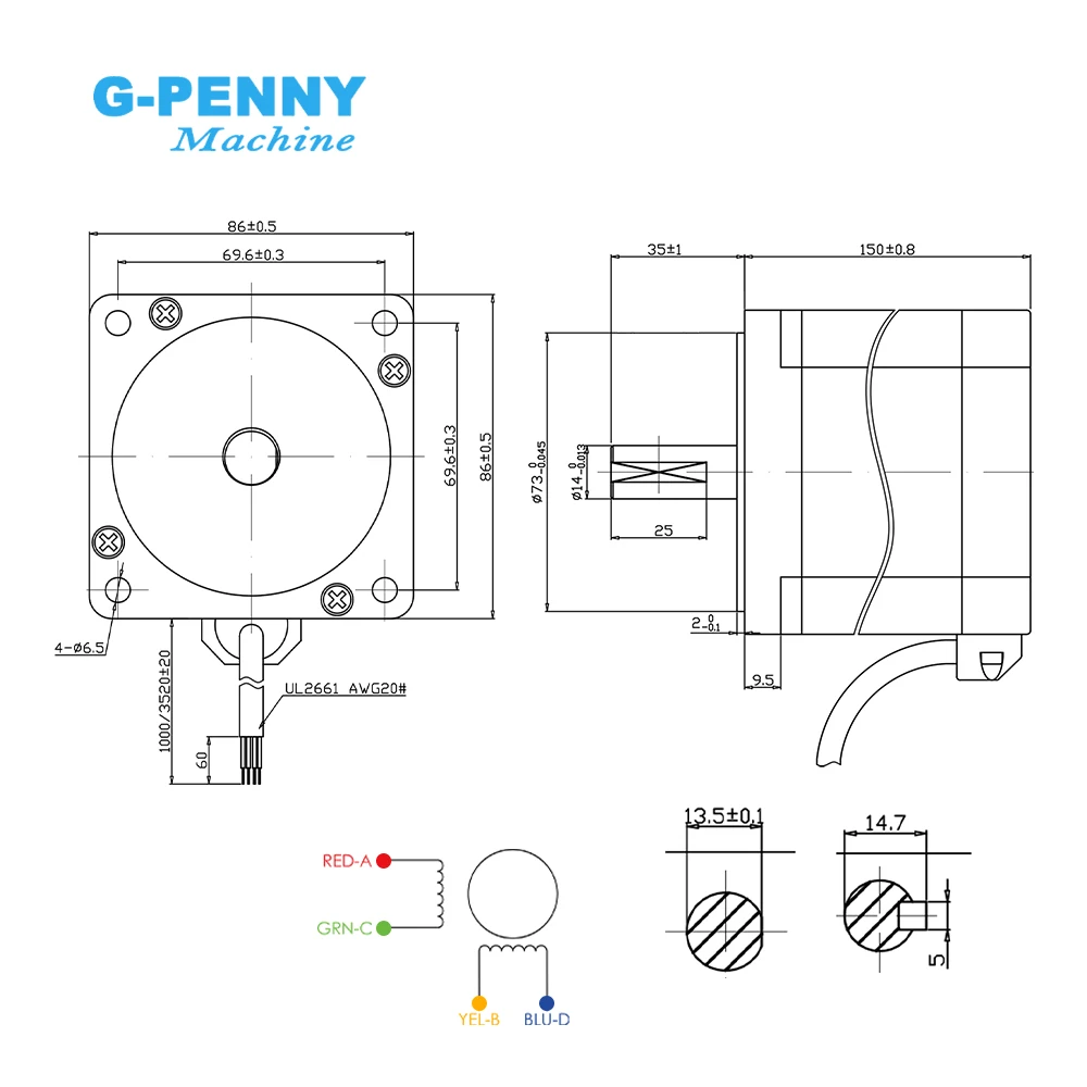 NEMA34 86X150mm CNC stepper motor 13N.m 6A Diameter 14mm Nema34 stepping motor 1700Oz-in for CNC engraving machine high torque