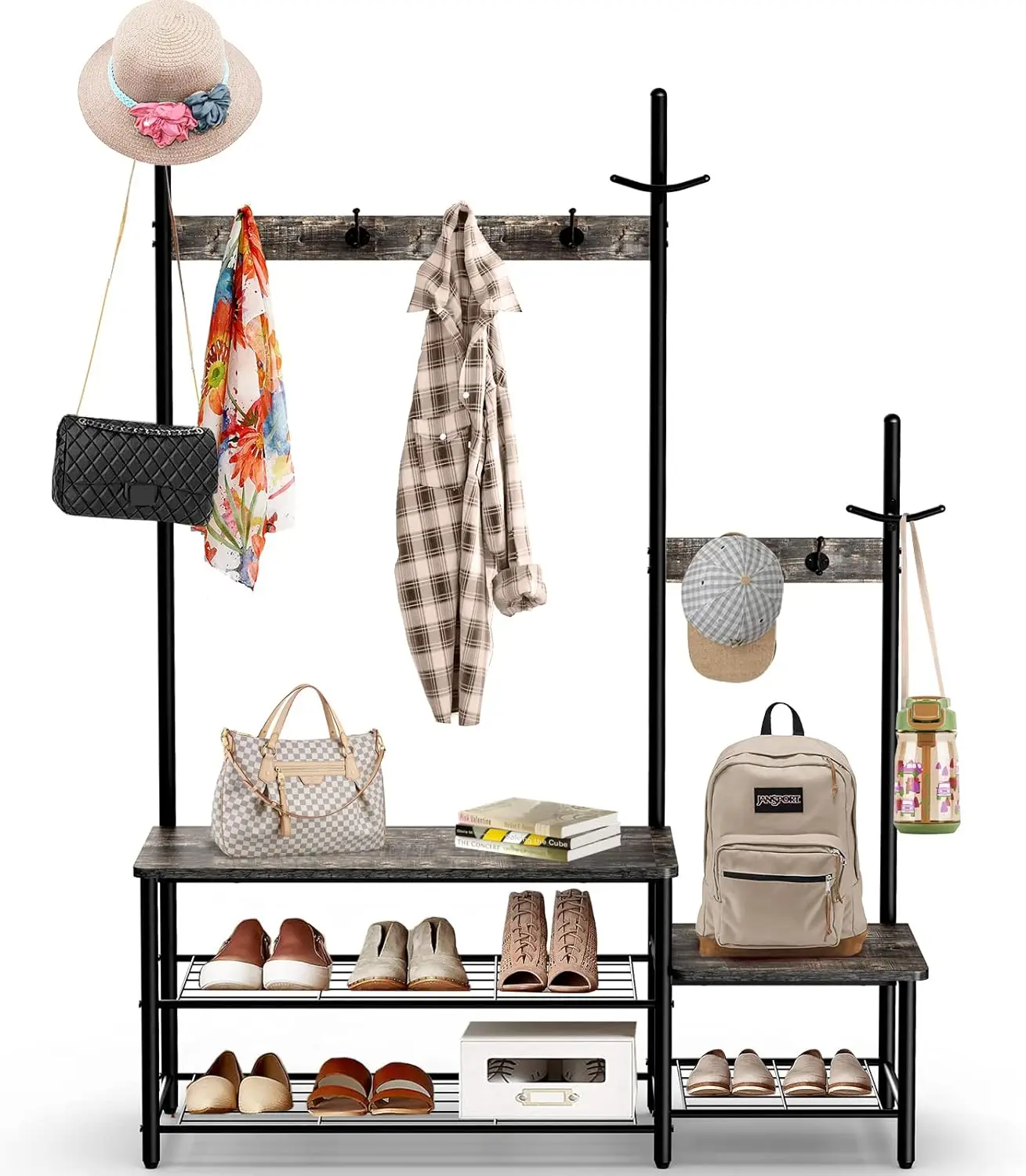 

Parent-Child Hall Tree Entryway Bench With Coat Rack Sturdy Shoe Rack Storage, 3-In-1 Functional Hall Tree Industrial Rustic