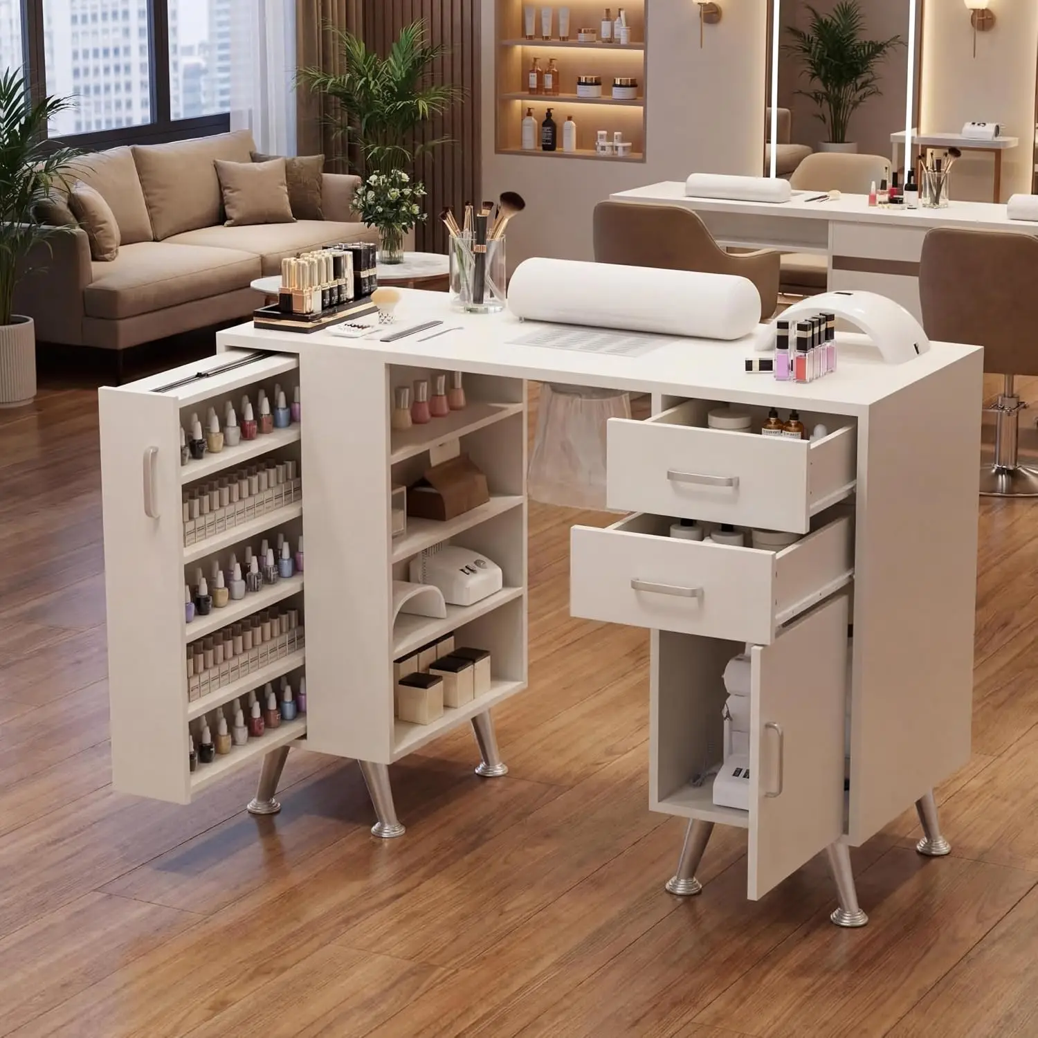 Professional Manicure Table Nail Desk Station with Dust Collector, 2 Drawers, Wrist Rest, Storage Cabinet, Vertical, Customized