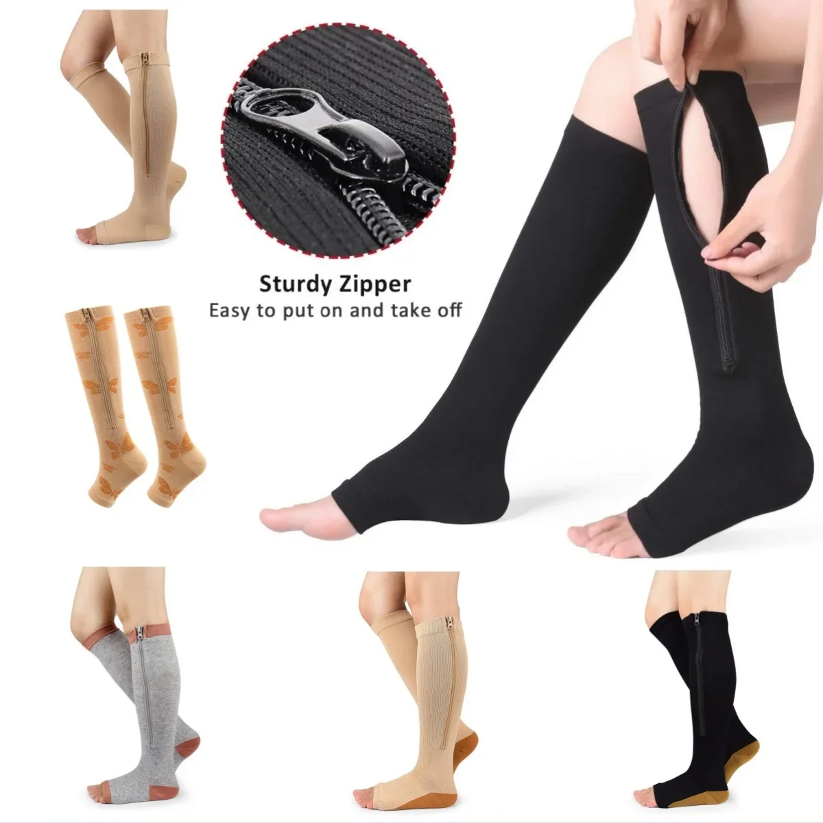 Compression Socks Zipper Fashion Women Men  Open Toe Solid Color Yoga Socks Gym Floor Soft Dance Pilates Sports Cotton Socks