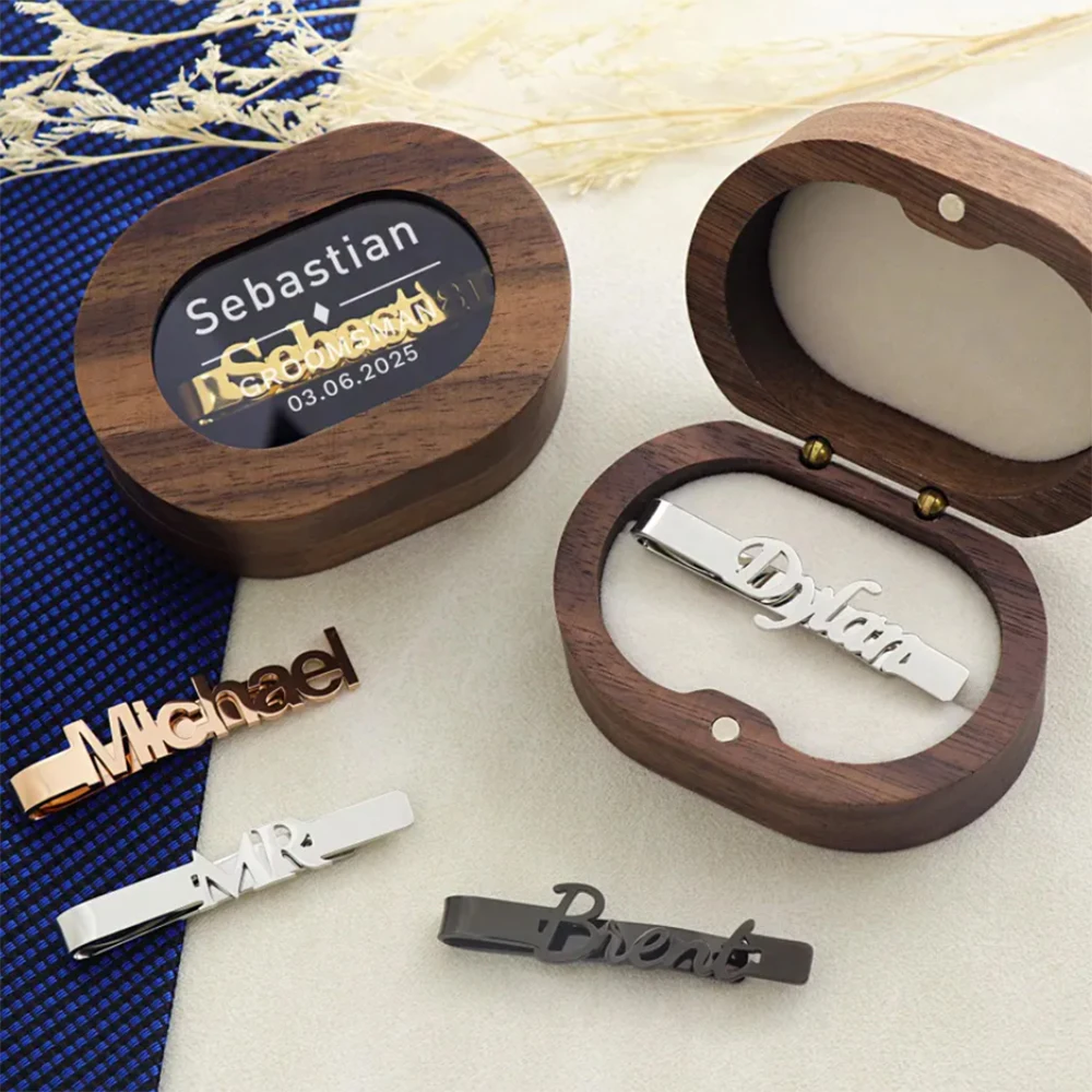 

Мужской зажим для галстука из нержавеющей стали с индивидуальной гравировкой, персонализированный зажим для галстука для жениха на свадьбу, аксессуары, ювелирное украшение для шафера, подарочная коробка