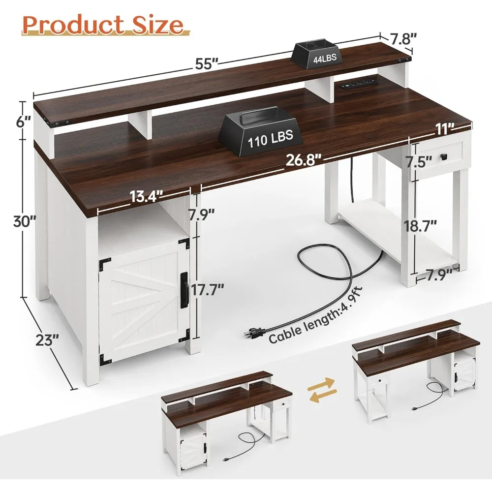 

Drawer & Power Outlets, Wood Computer Desk Monitor Stand for Bedchamber Study, Reversible Home Offic