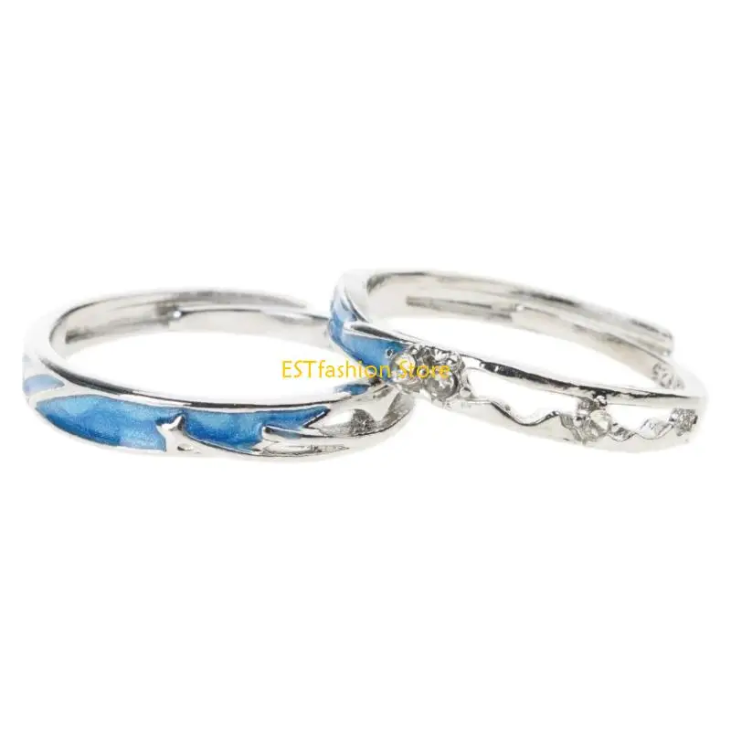 Y5GC 2pieces Lovers Rings Set Adjustable Sea Blue Meteoric Star Couples Rings Band Matching Set for Him and Her Daily Wear