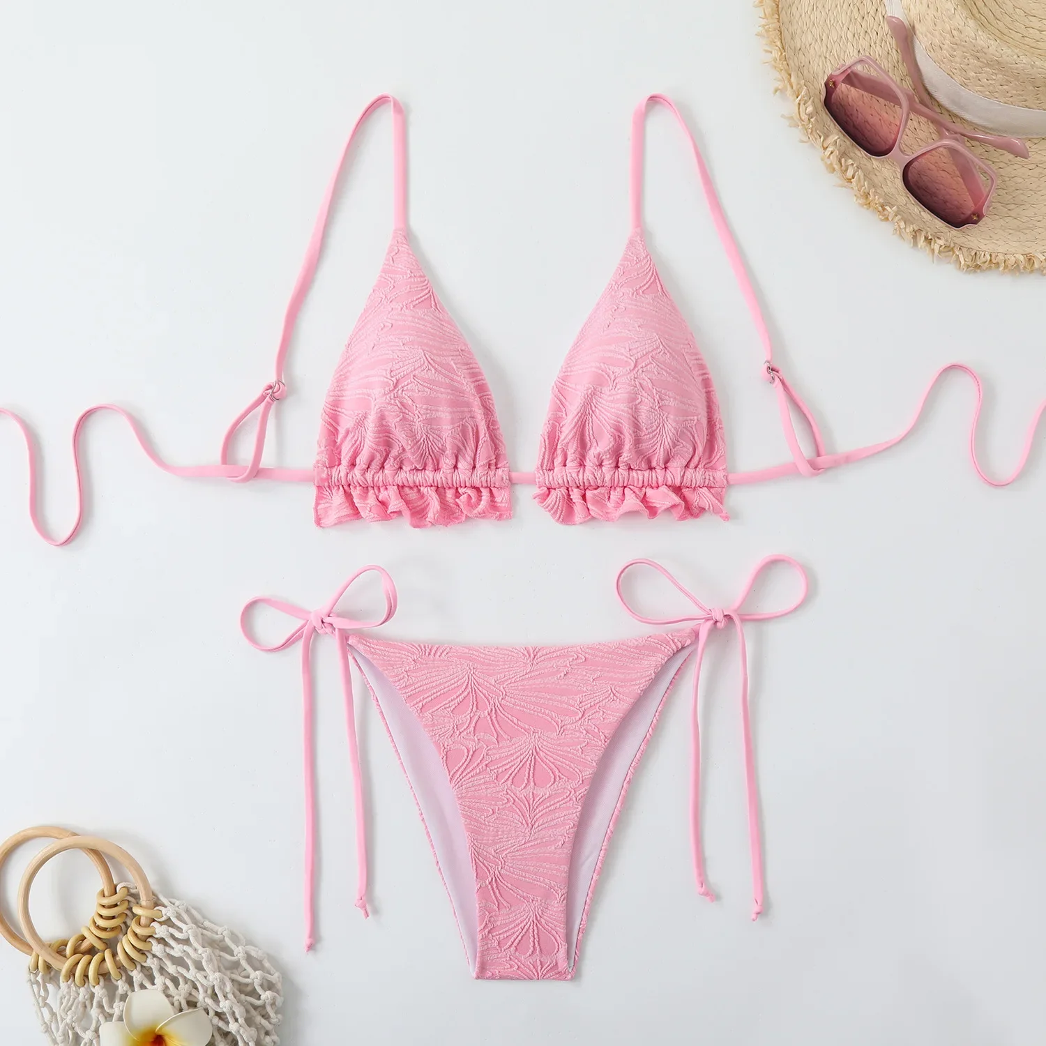 

Sexy Pink Women's Swimsuit Pleate Push Up Bikini Set 2025 Brazilian Hole Out Beach Bathing Suit Tie Side Thong Swimwear Biquini