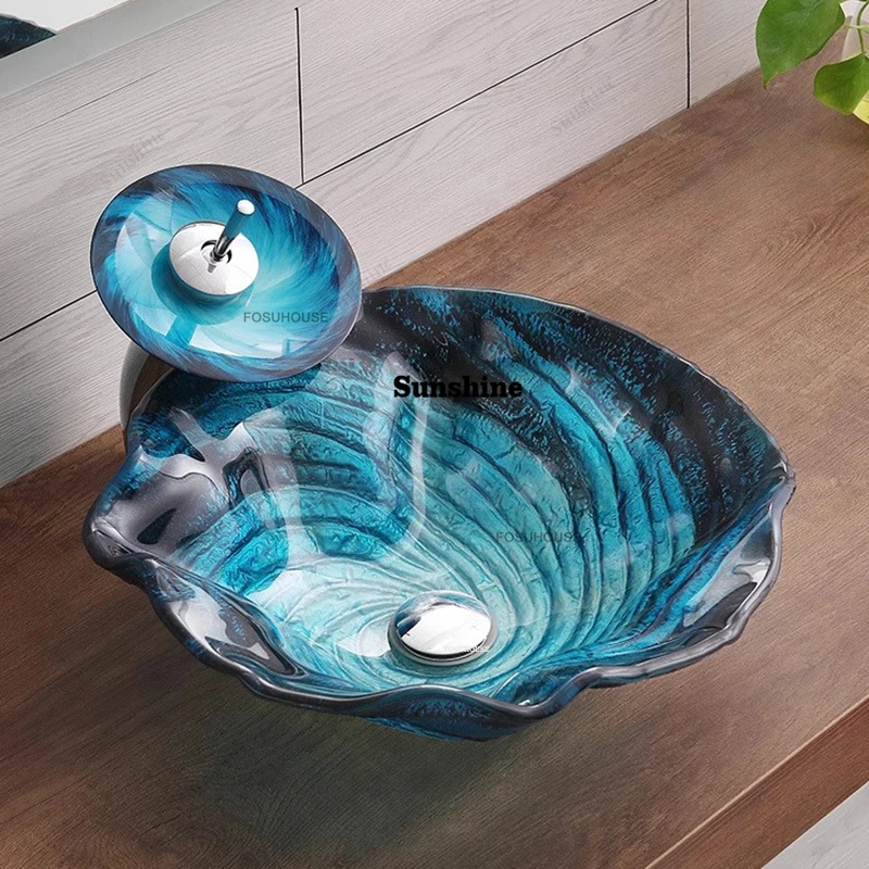 Art Above Counter Washbasin Blue Tempered Glass Bathroom Sinks Creative Bathroom Accessories Nordic Home Toilet Shell Sink Basin