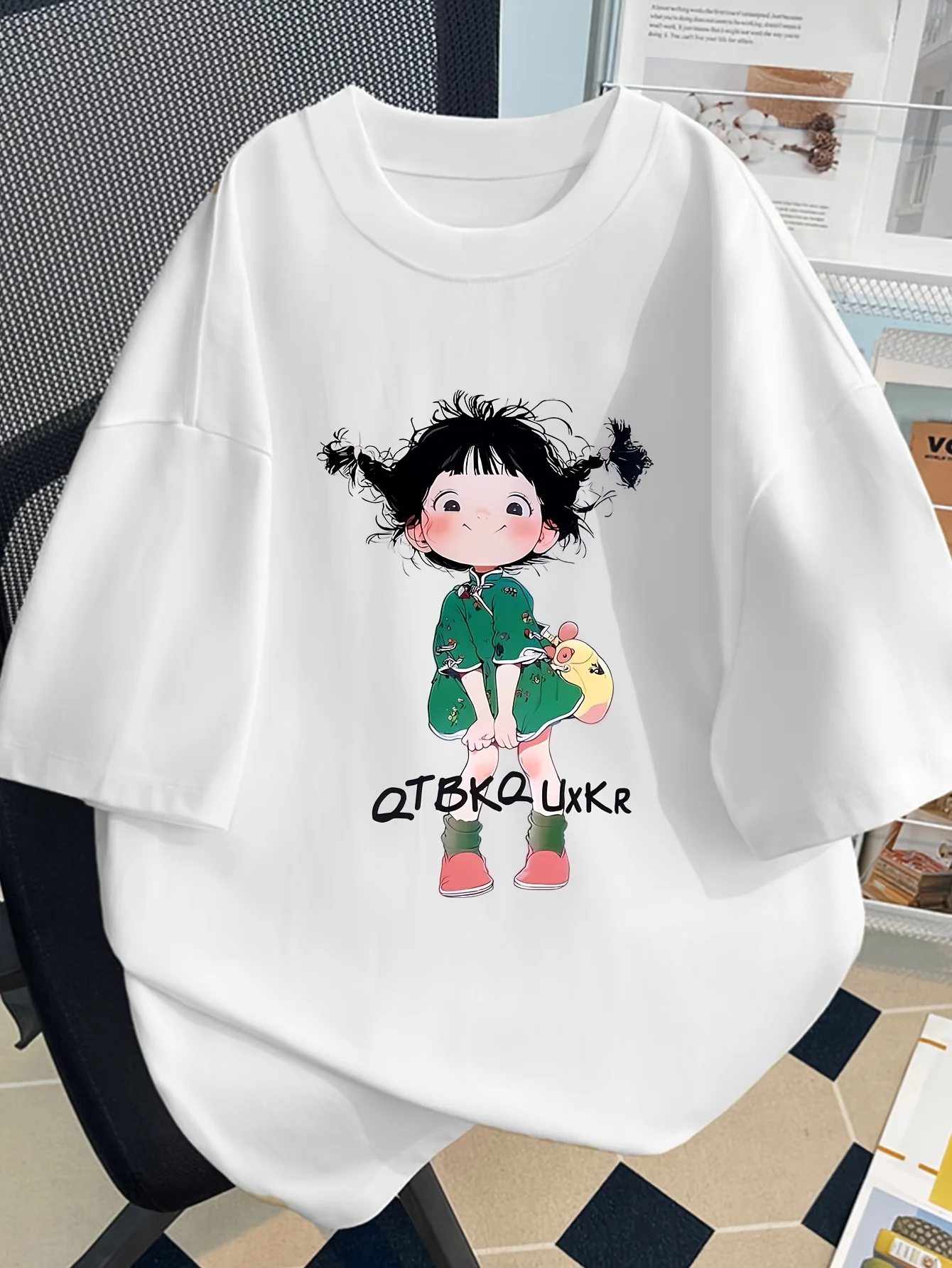 Cartoon Pigtail Girl Holding Popcorn Print Black Short Sleeve Aesthetic Women Top